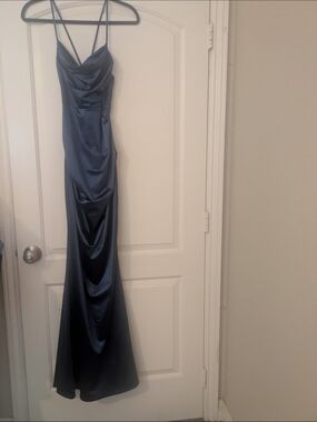Elegant Blue Satin Slip Dress with Cowl Neck